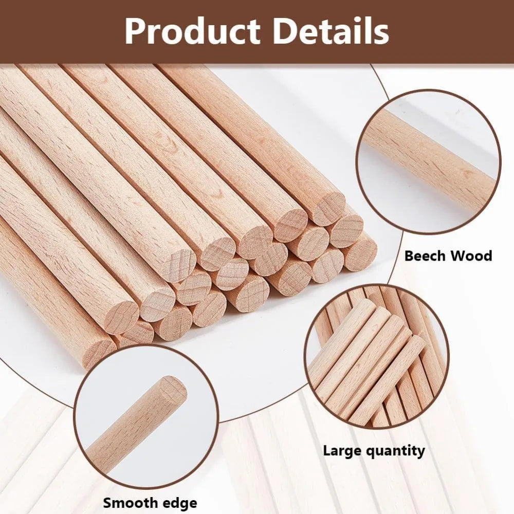 20Pcs Beech Wood Dowel Rods 8mm x 11.8" – Unfinished Craft Sticks