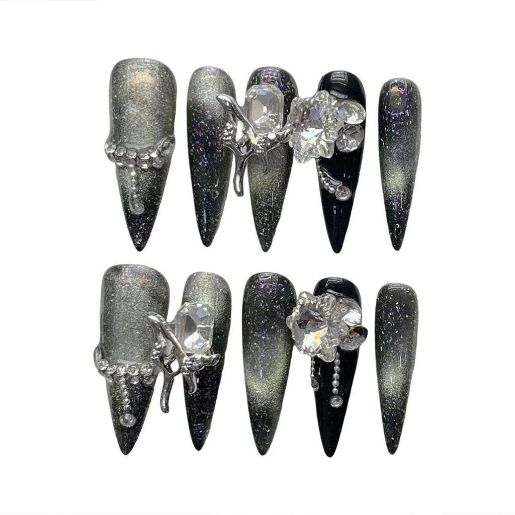 Gothic Black Silver Press-On Nails | Long Crystal Stiletto Set