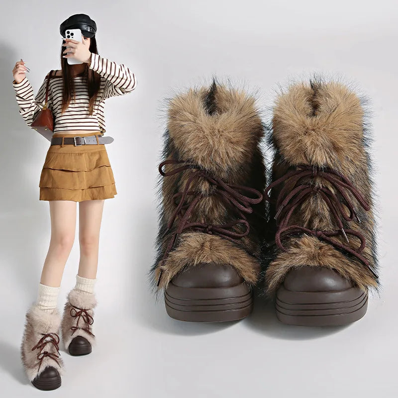 Women's Faux Fur Bow Ankle Snow Boots – Warm Winter Flats