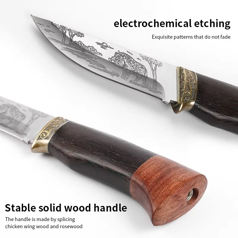 Fixed Blade Camping Knife – Engraved Stainless Steel & Wood Handle