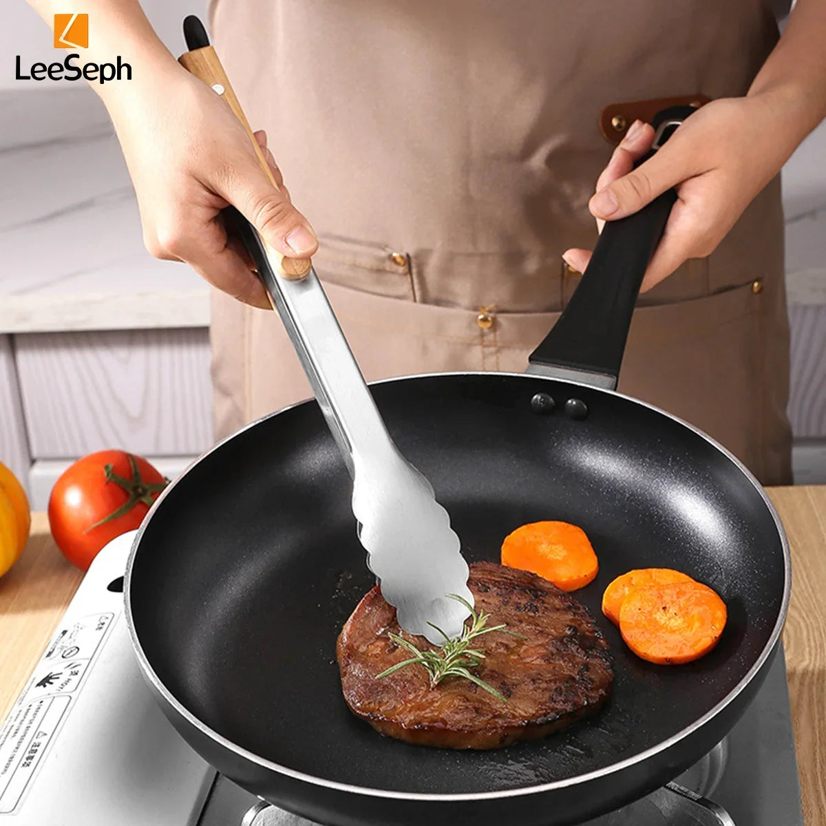Stainless Steel Cooking Tong Oak Handle Barbecue Salad Locking Ring