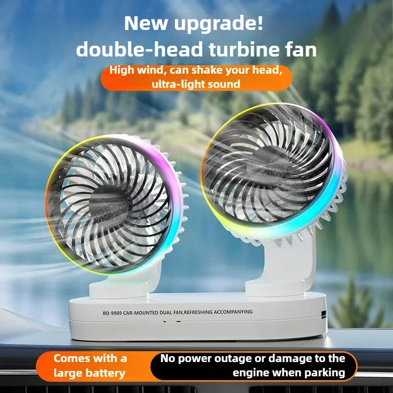 URGGU Dual Head USB Car Fan – 360° Adjustable, 3 Speeds
