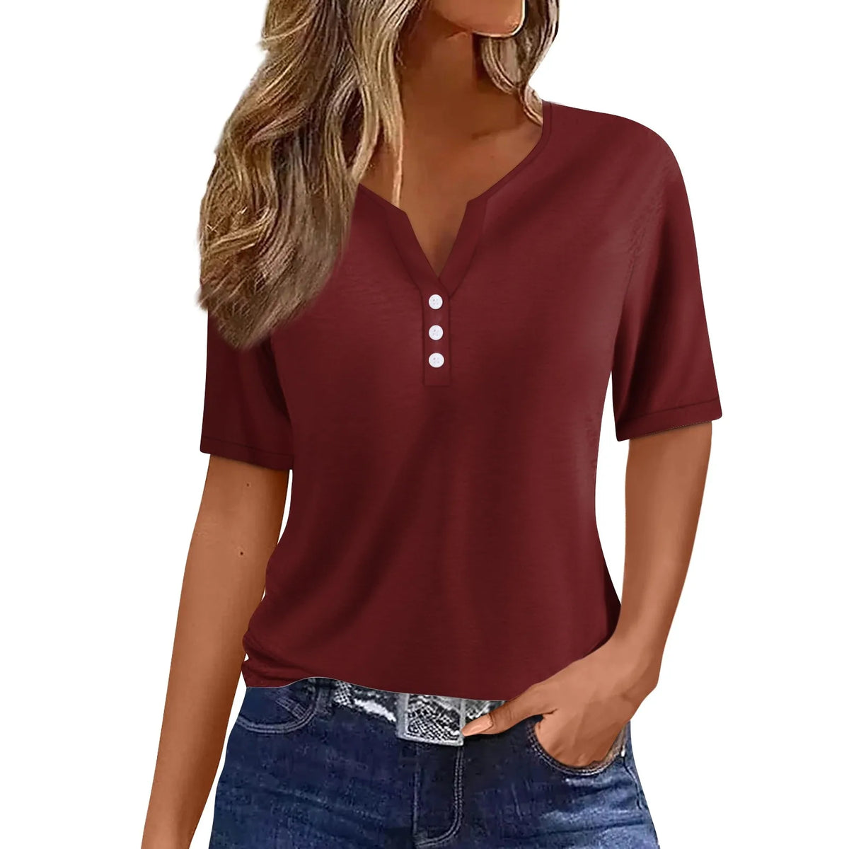 Women's V-Neck Button T-Shirt | Casual Loose Top S–XXXL