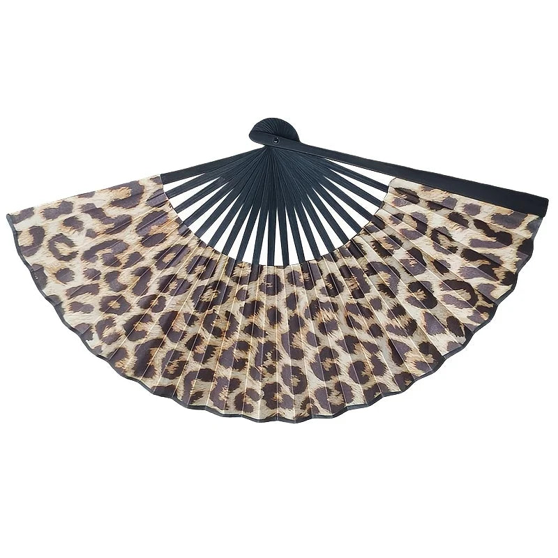 Leopard Print Folding Fan – Black Frame, Portable for Women