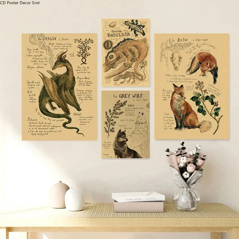 Vintage Animal Kraft Paper Poster – Dragon, Fox, Wolf & More
