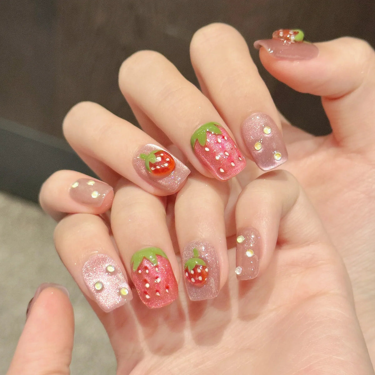 Handmade Press On Nails 3D Strawberry Cat Eye Short Pink 10pcs
