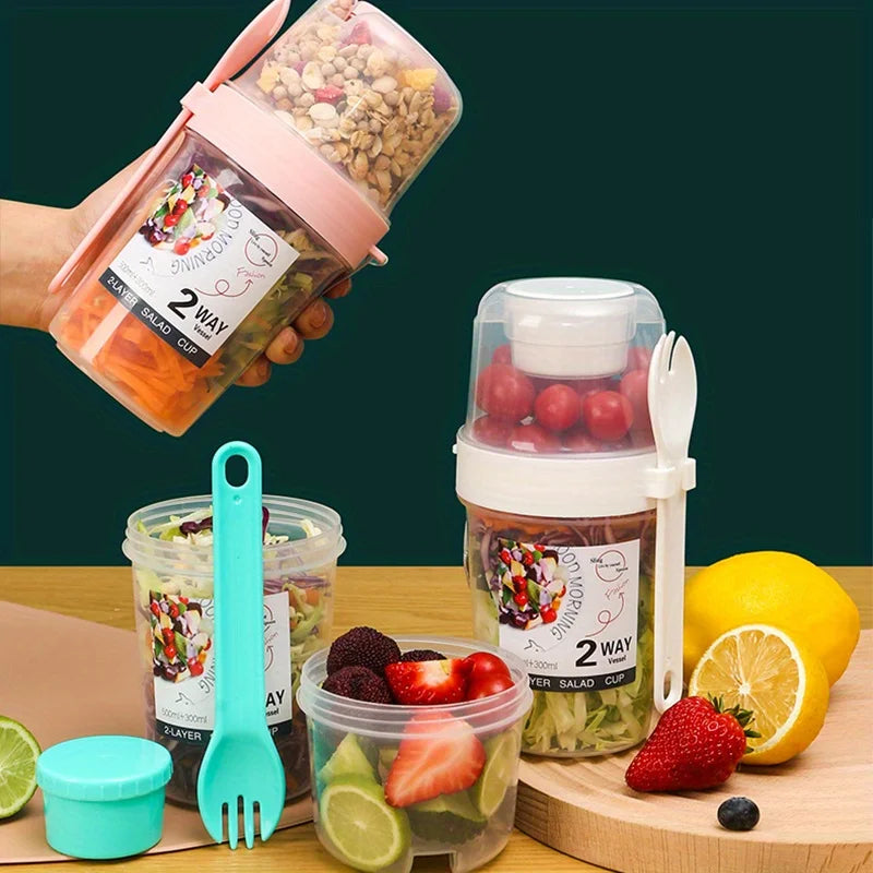 Portable Salad Cups Container Plastic Lid Fork Overnight Cup