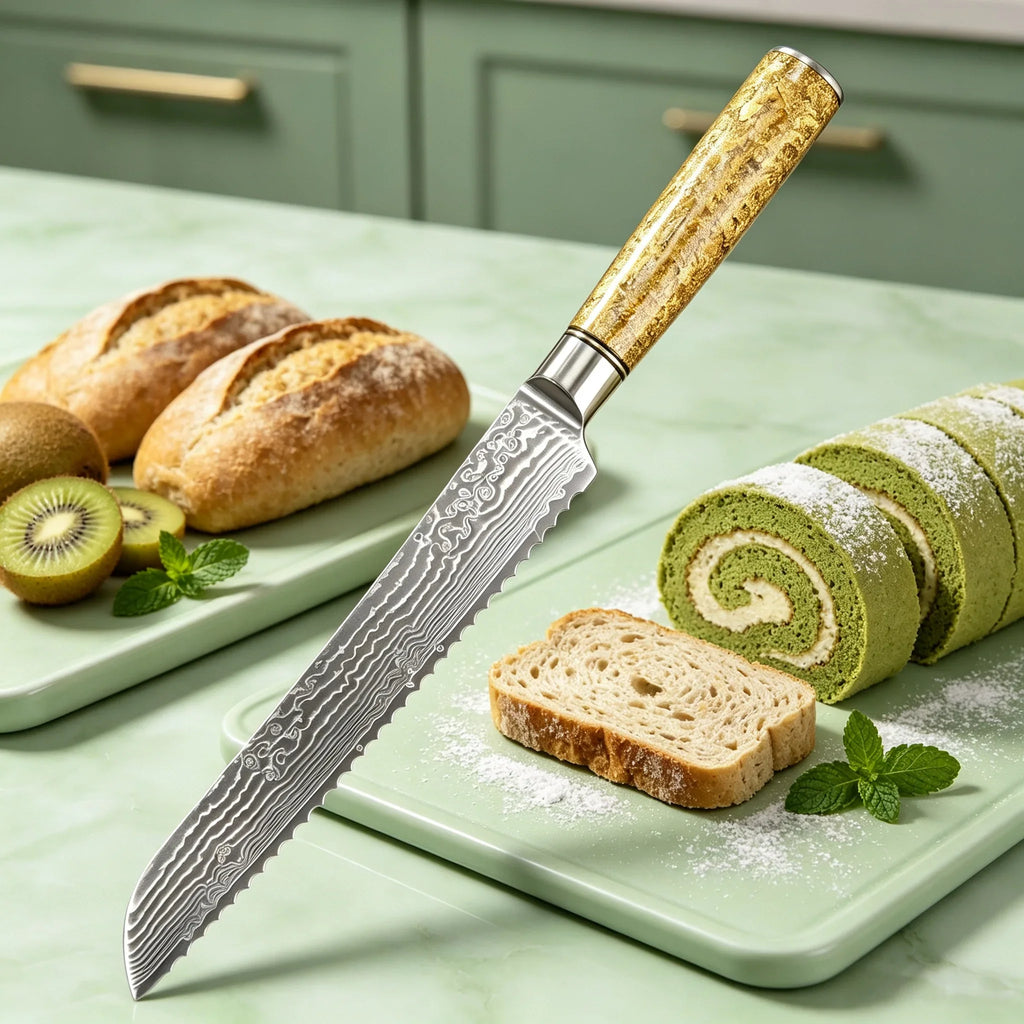 Damascus Steel 67-Layer Serrated Bread Knife – Sharp 19.5cm