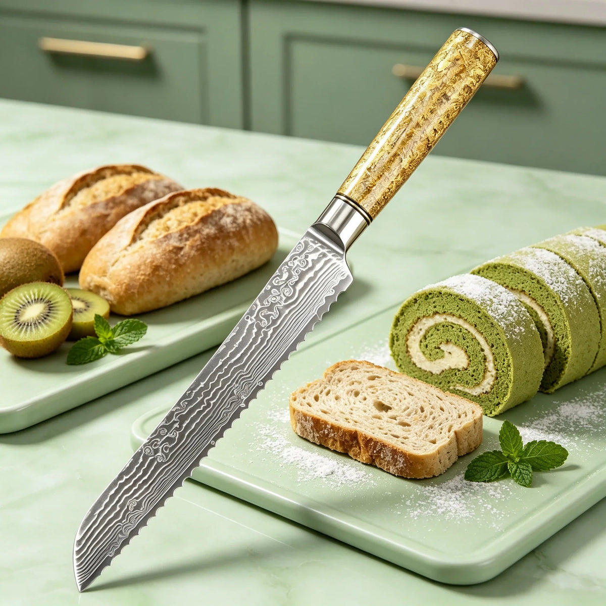 Damascus Steel 67-Layer Serrated Bread Knife – Sharp 19.5cm