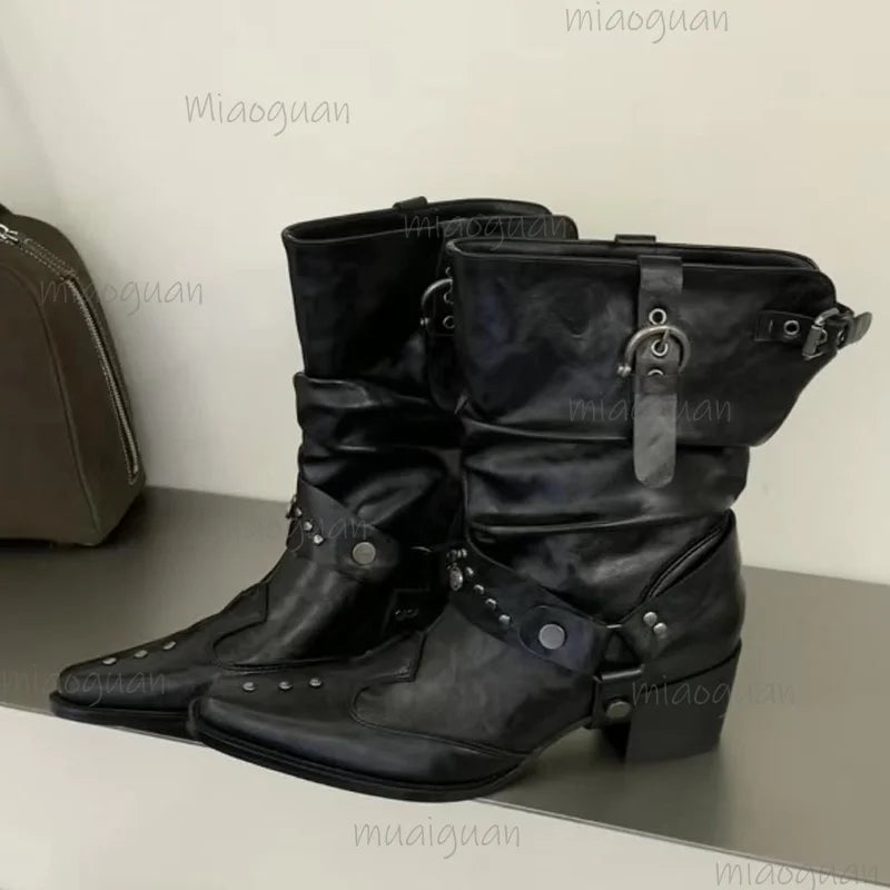 Women's Western Rivet Buckle Ankle Boots – Pointed Toe Heels