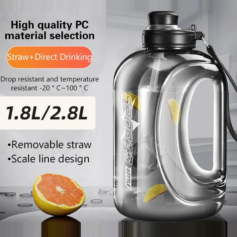 Large Sports Water Bottle 1.8L/2.8L BPA-Free with Straw & Handle