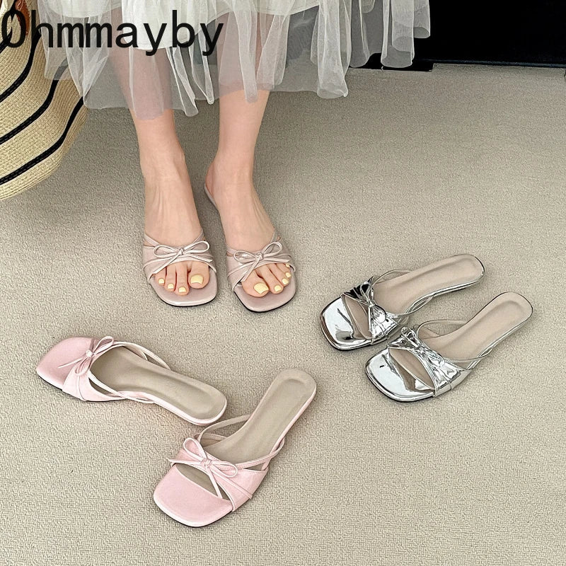 Women's Low Heel Butterfly-Knot Open Toe Slide Slippers