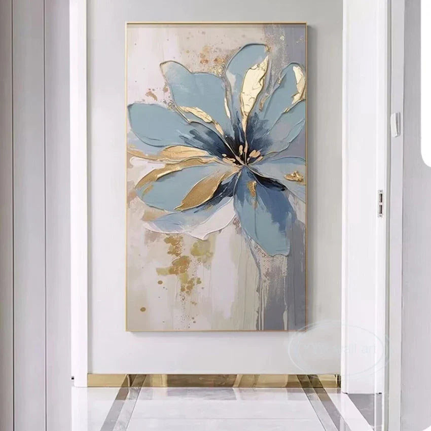 Hand-Painted Blue Floral Oil Painting on Canvas | Wall Art