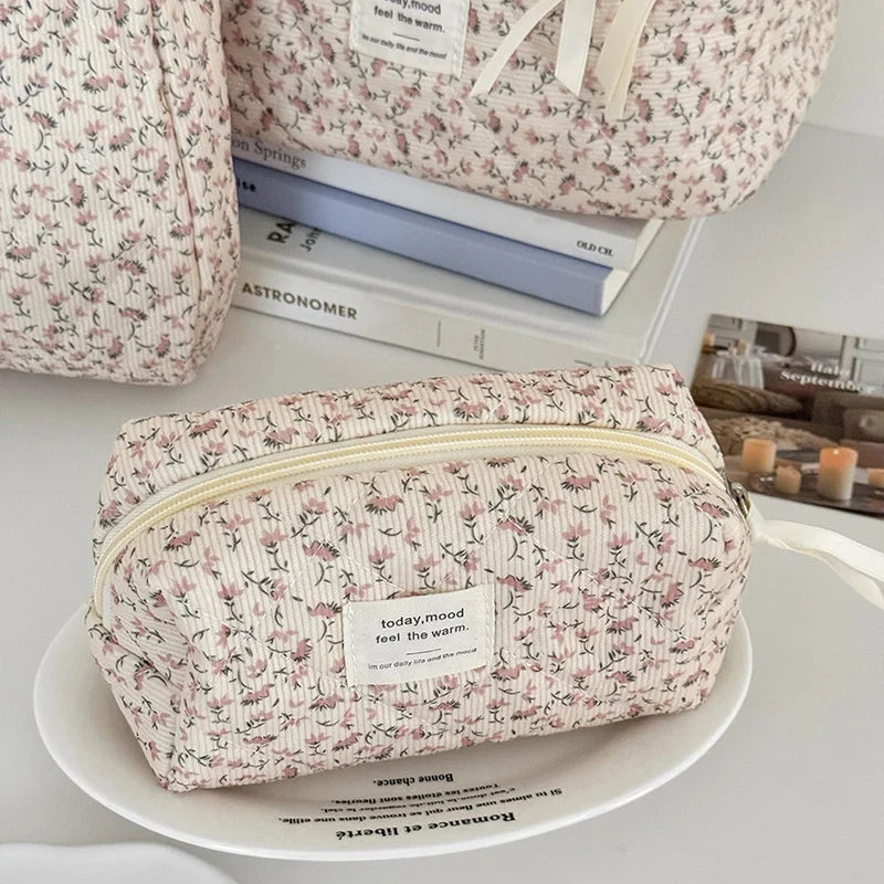 Corduroy Floral Cosmetic Bag – Pink Flower Makeup Pouch