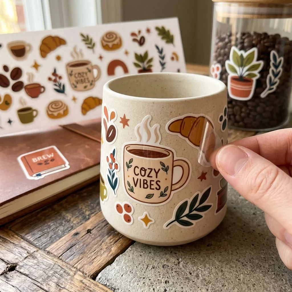 Cozy Coffee UV Transfer Stickers – Waterproof Cafe Decals