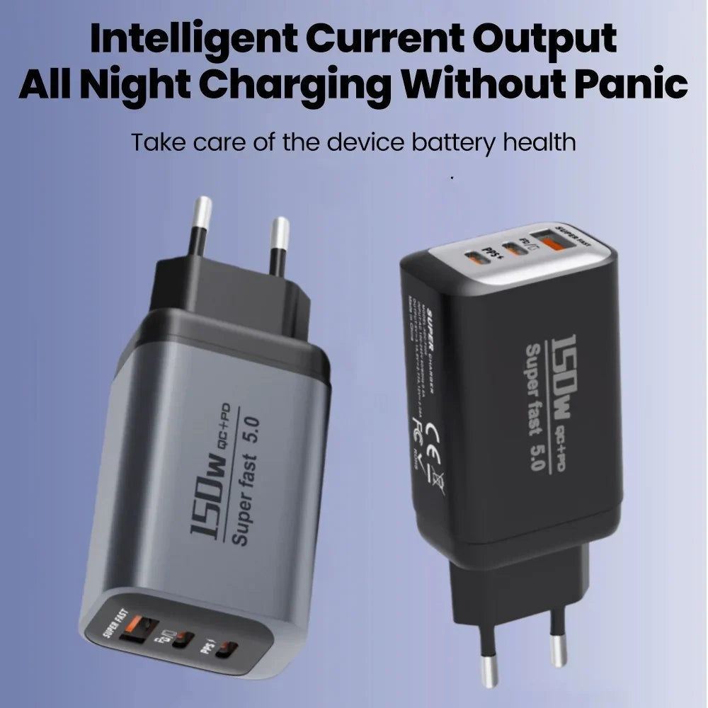 150W Fast Charger 3-Port USB-C PD3.0 QC3.0 Wall Adapter