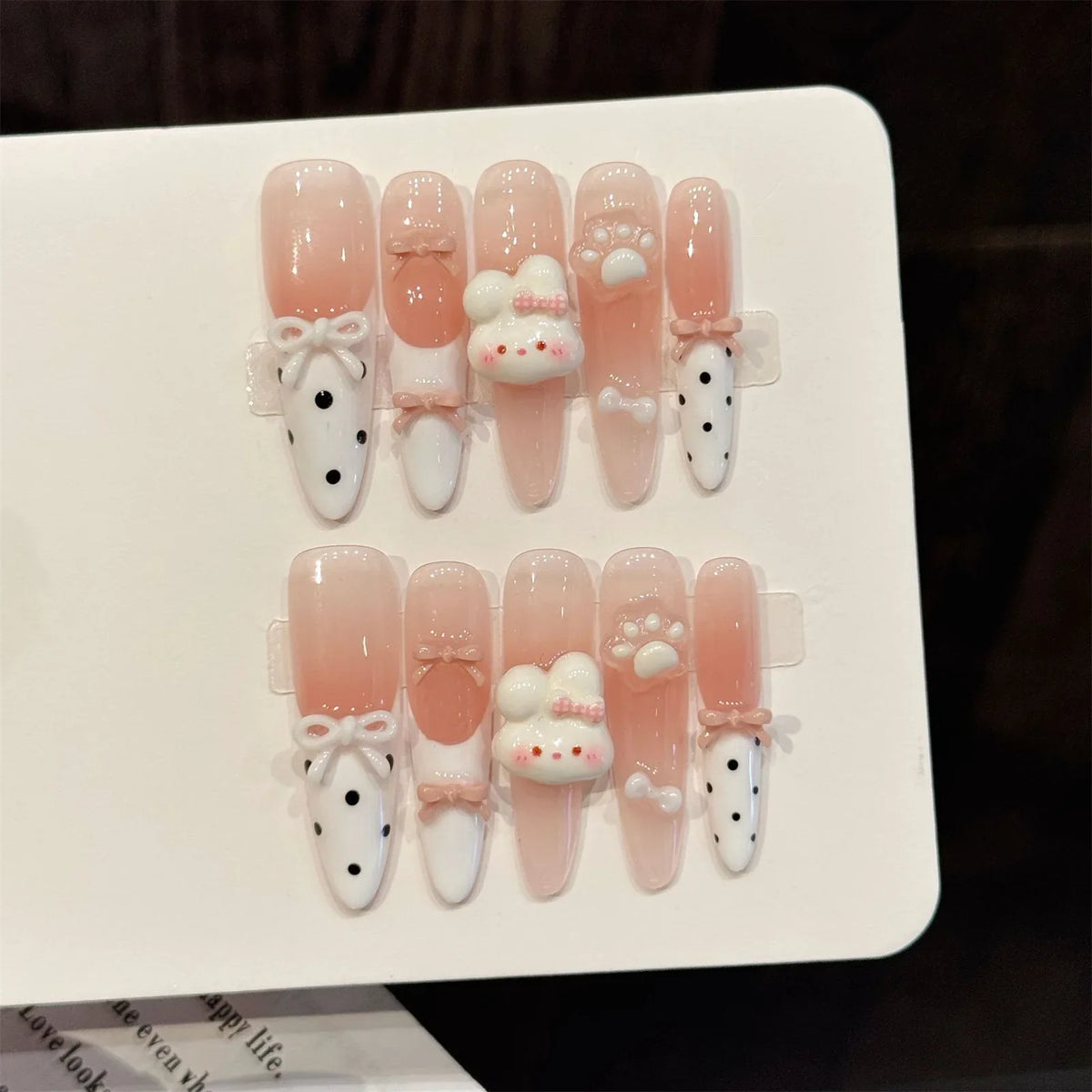 3D Pink Rabbit Press On Nails | Almond Gradient Korean Style