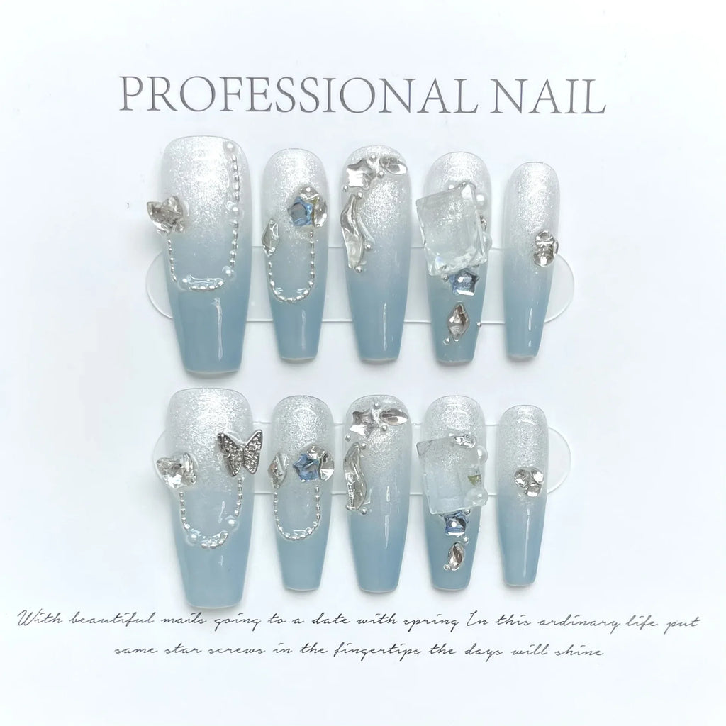 Handmade Press-On Nails Gradient Blue Cat Eye Glitter Butterfly