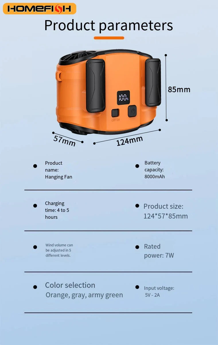 HOMEFISH Portable Waist Clip Fan – Power Bank & LED Flashlight