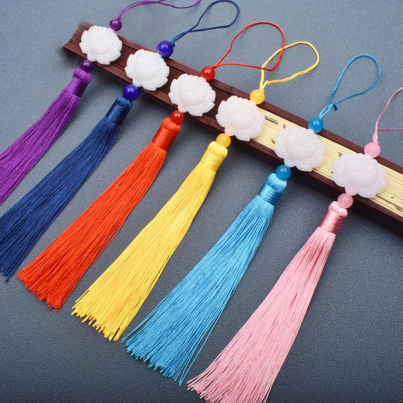 White Jade Lotus Fringe Trim Bookmark Silk Tassels Pendant DIY Sewing