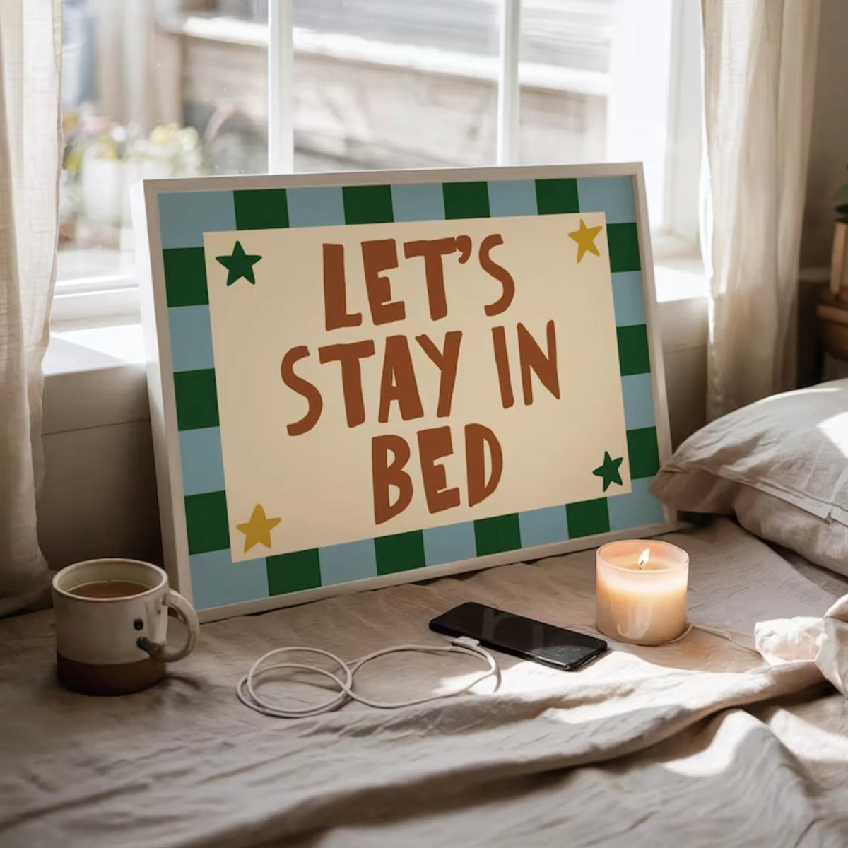 "Let's Stay In Bed" Retro Typography Canvas Wall Art Print