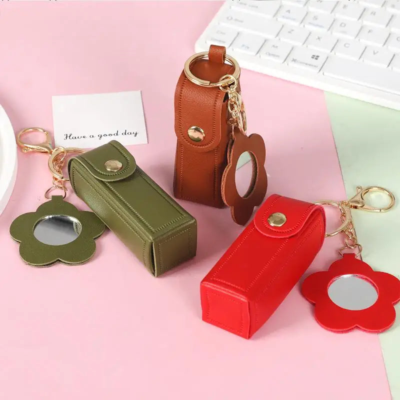 PU Leather Lipstick Holder Keychain with Flower Mirror