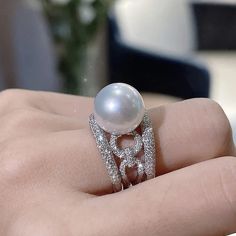 Huitan Simulated Pearl & CZ Wedding Band Ring for Women