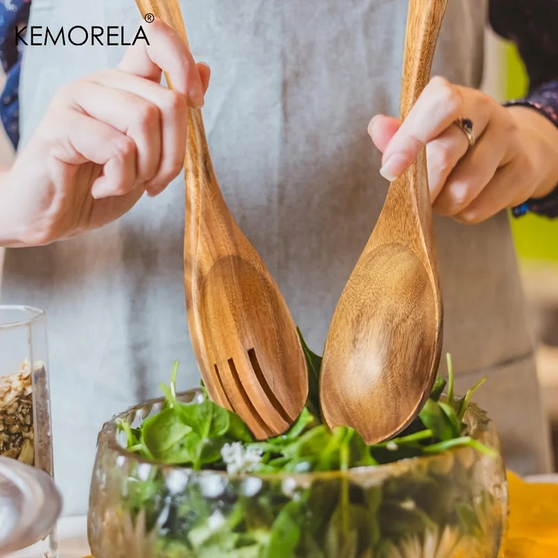 KEMORELA Acacia Wood Salad Servers – Long Handle Spoon & Fork