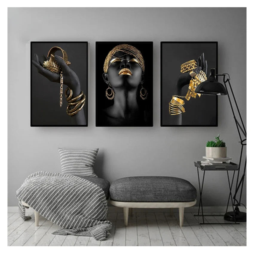 African Black Woman Canvas Wall Art | Gold Jewelry Poster Print