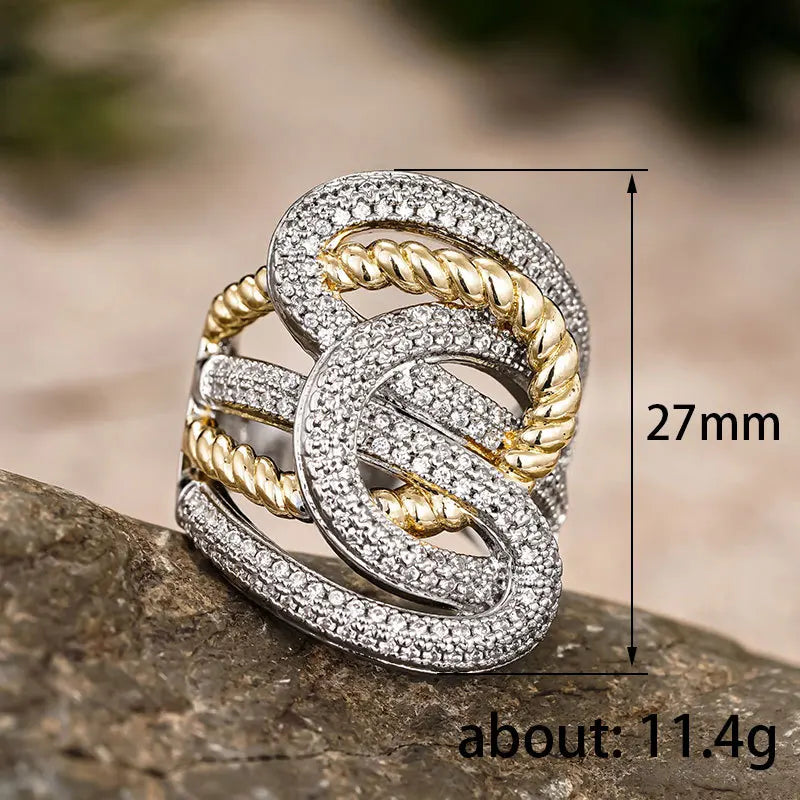 Huitan Two-Tone CZ Cross Ring – Wide Band Women's Jewelry