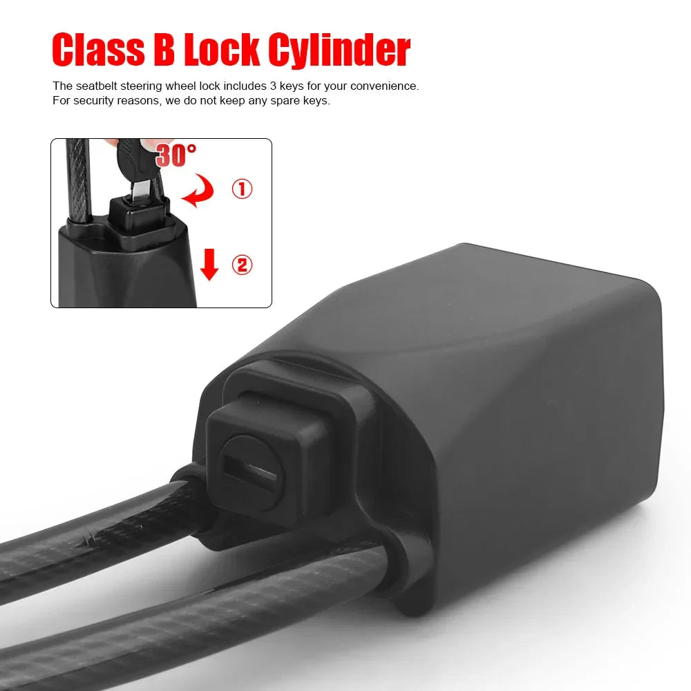 Car Steering Wheel Lock Seat Belt Socket Steel Rope Truck SUV Van RV