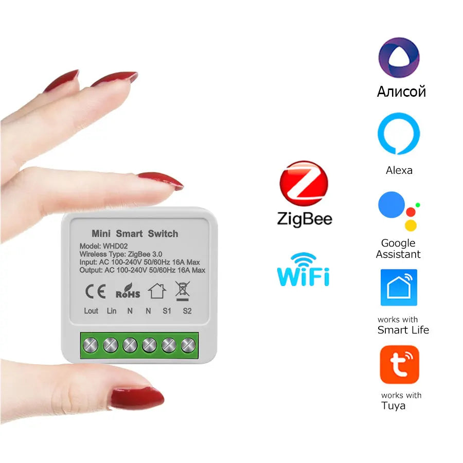 ZigBee/WiFi Tuya Smart Mini Relay Switch | 16A, 2-Way Control, Alexa & Google Home – App, Voice & Remote Control