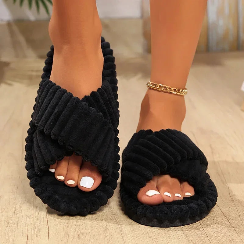 Women's Corduroy Cross Band Plush Slippers – Warm Indoor