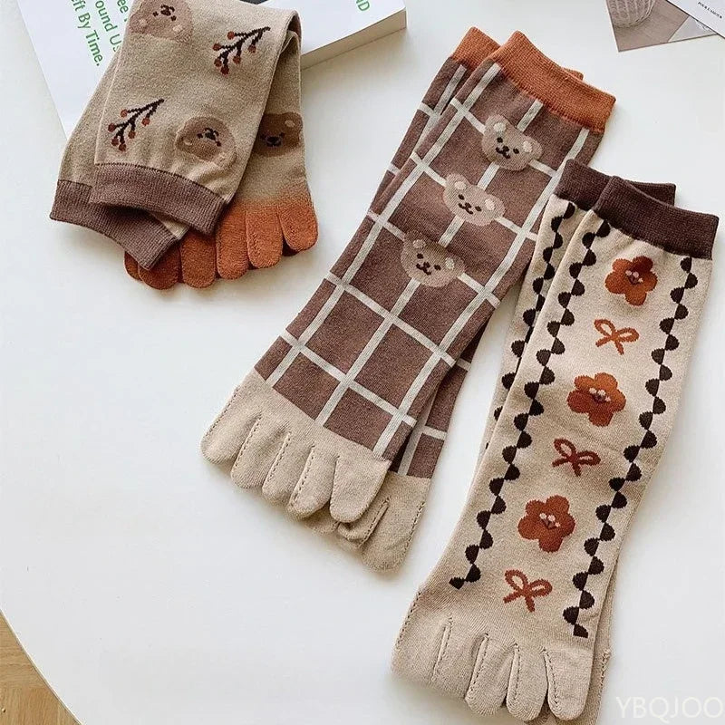 Women's Five Toe Mid Tube Cotton Socks – 3 Pairs, All Season