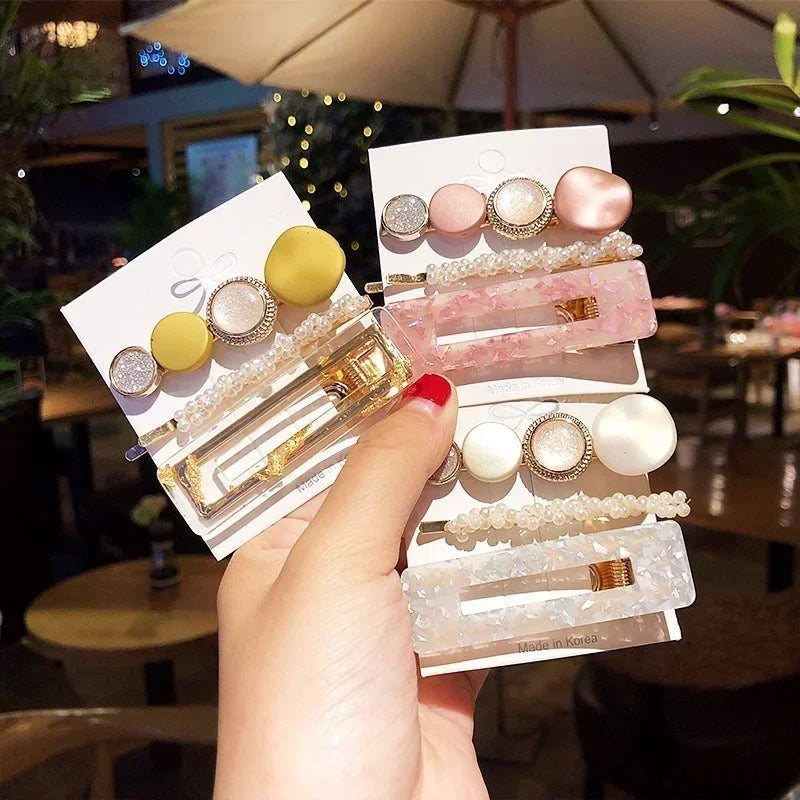 Korean Pearl Hair Clips – Gold Geometric Acrylic Barrettes 4 Sets