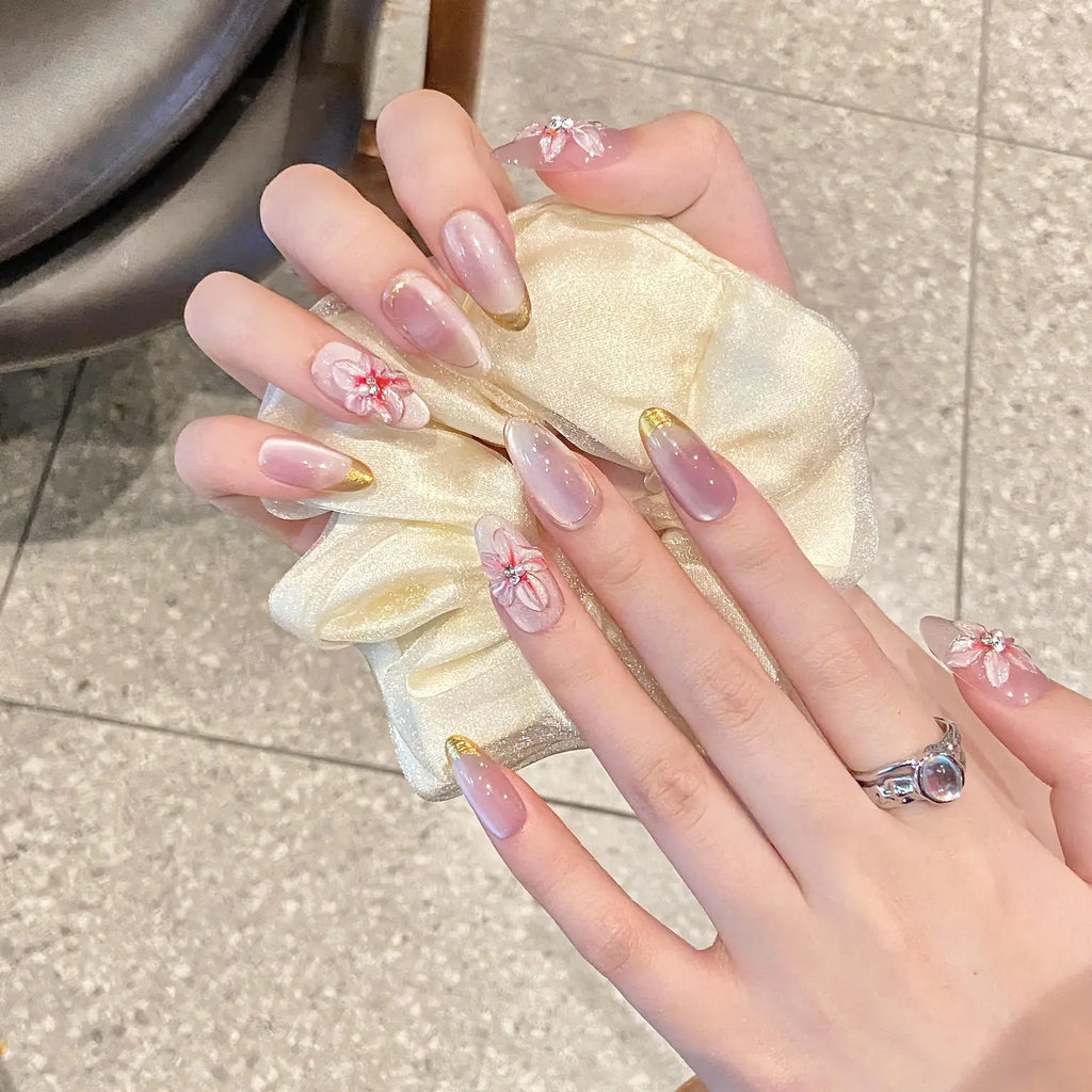 Press-On Nails Cat Eye Almond | Pink Flower Pearl Design