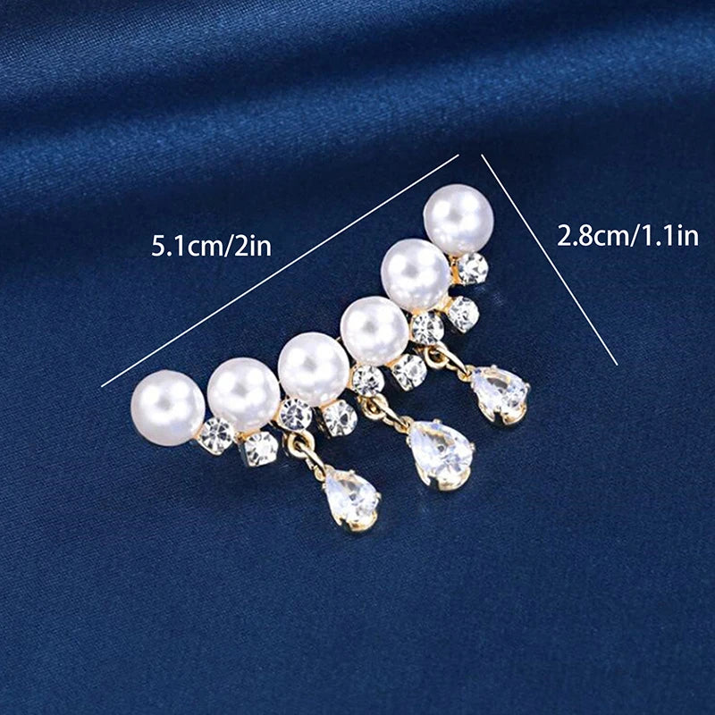 Elegant White Crystal Pearl Brooch | Gold Rhinestone Tassel Pin