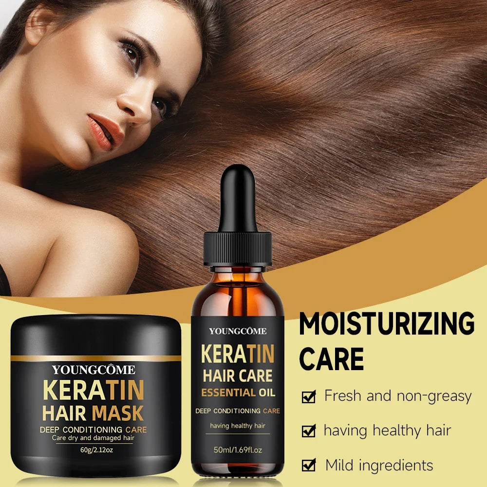 YOUNGCOME Keratin Hair Mask & Essential Oil Set – 5 Min