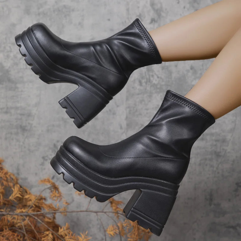 Women's Square Toe High Heel Mid-Calf Boots | Platform Zipper