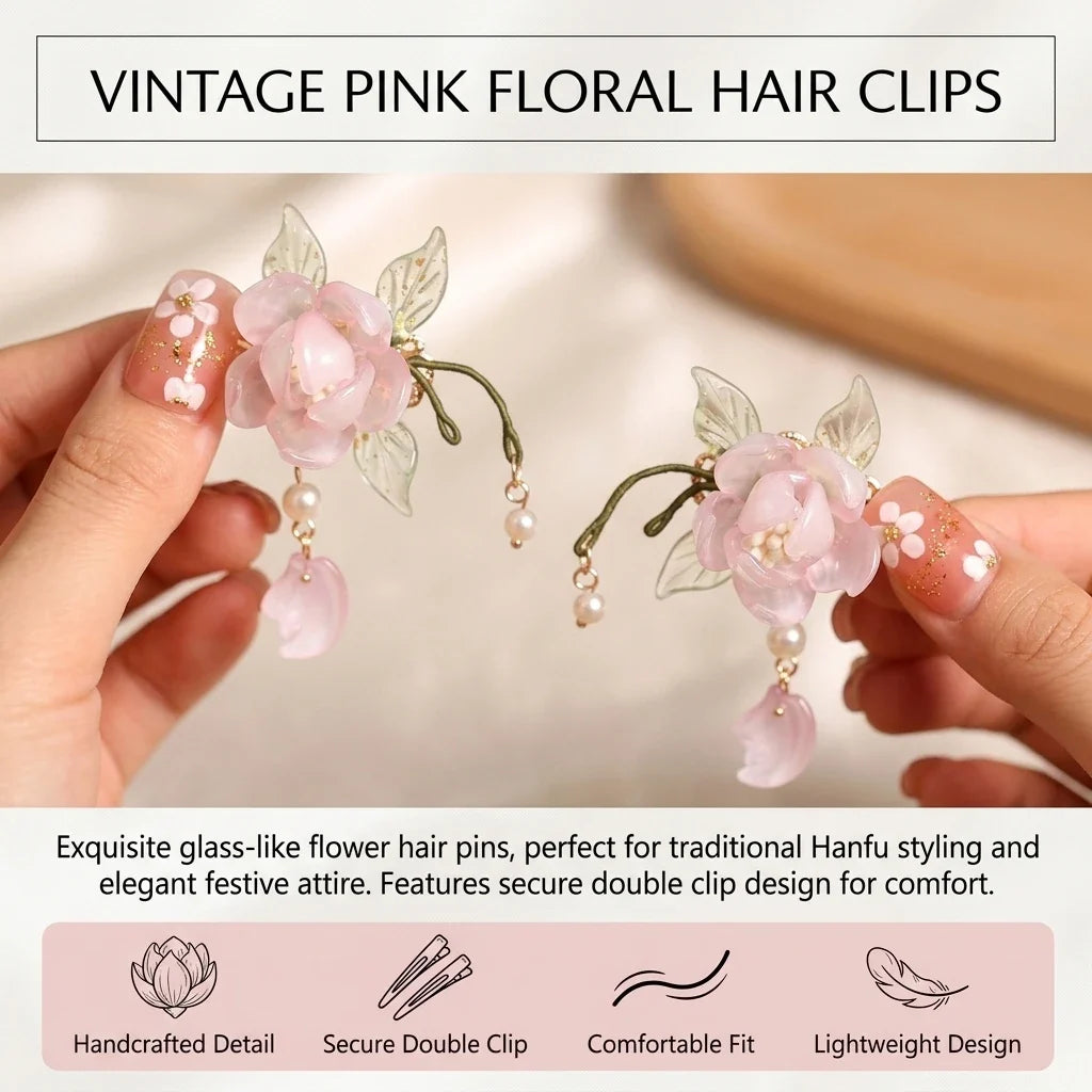 Vintage Pink Glass Flower Hair Clips for Girls – Set of 2