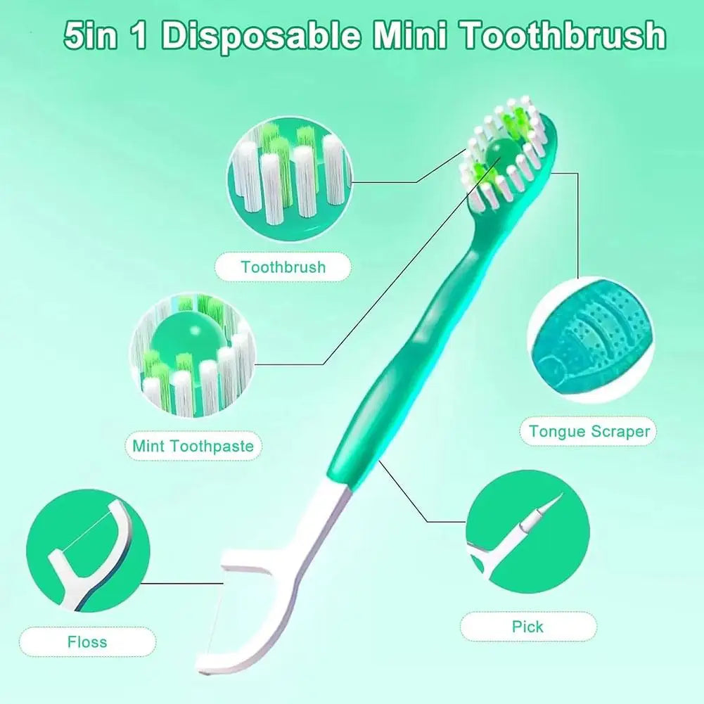 5-in-1 Disposable Travel Toothbrush – Toothpaste, Floss & Pick