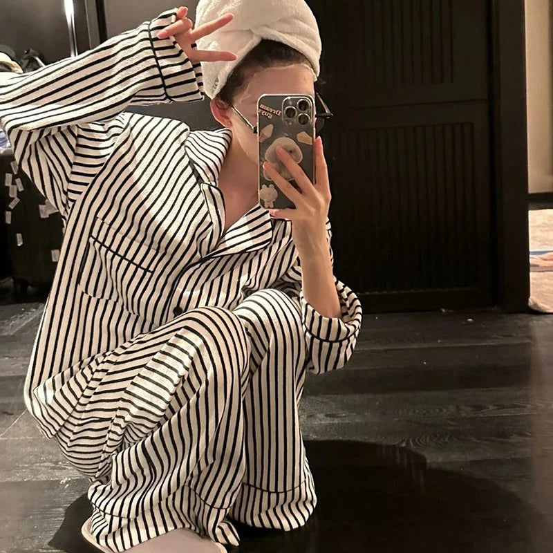 Women's Striped Pajama Set – 2-Piece Korean Sleepwear