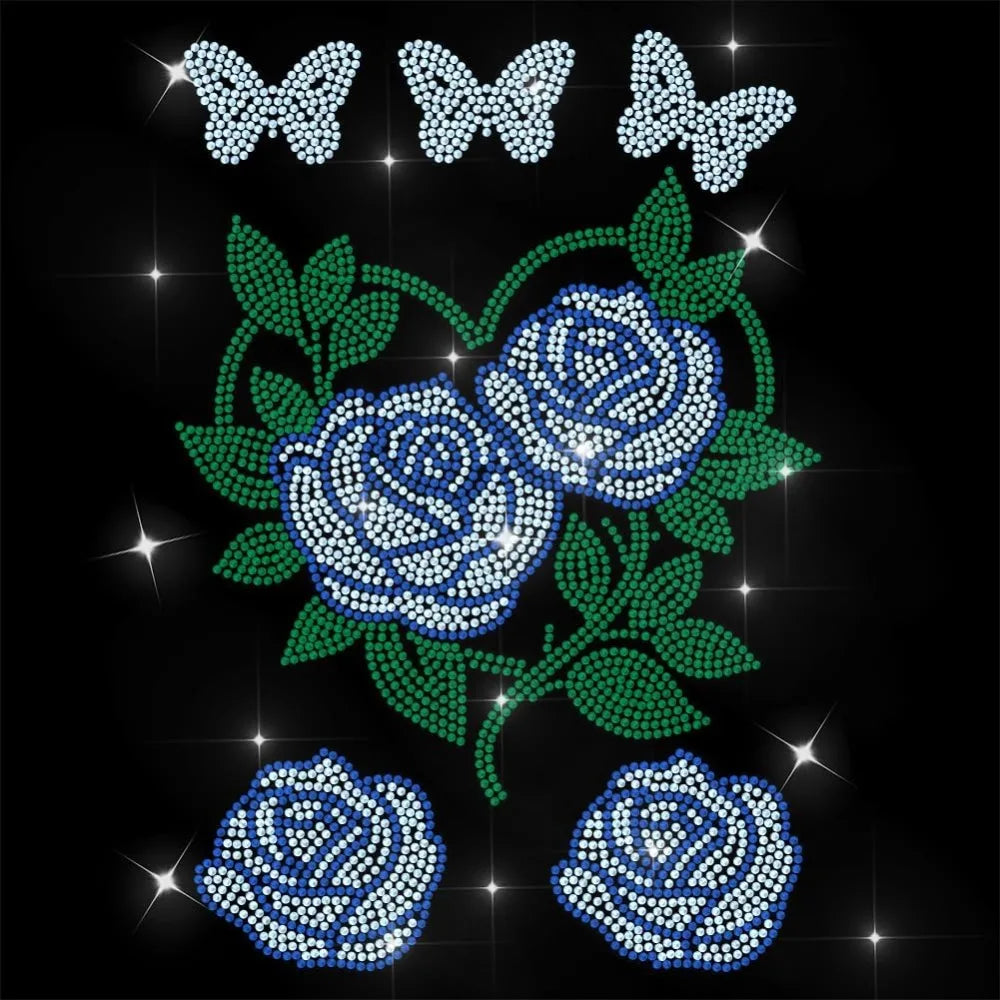 Glass Rhinestone Iron-On Applique – Rose & Butterfly Patch