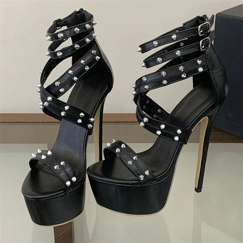 Women's Punk Stiletto Sandals – Open Toe Rivet Buckle Heels