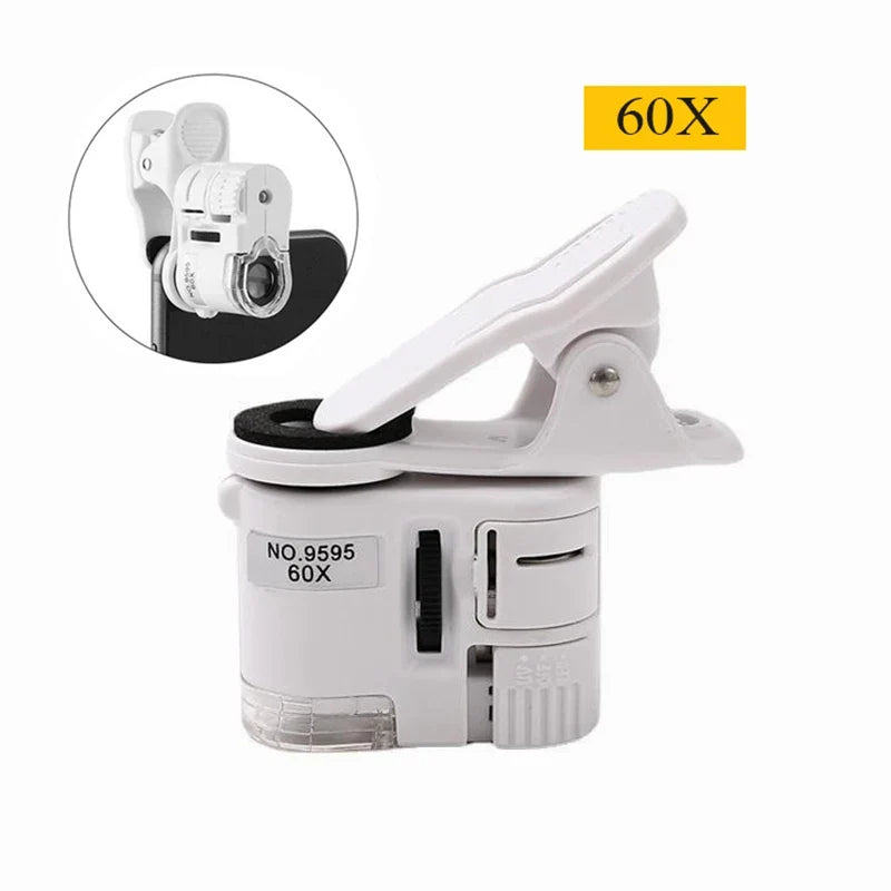 60X Clip Microscope LED & UV Light | Phone Magnifier