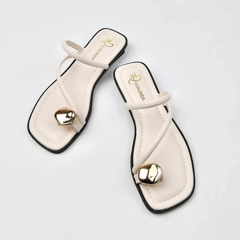 Women's Retro Luxury Sandals – Metal Detail Square Heel Slippers