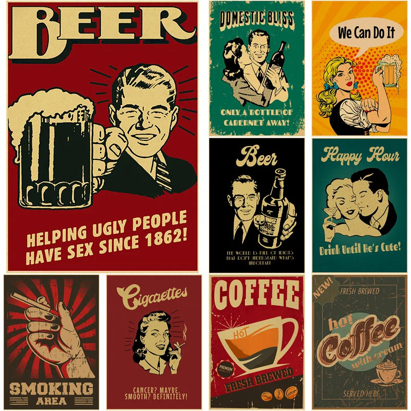 Retro Vintage Kraft Paper Poster – Bar, Beer & Coffee Wall Art