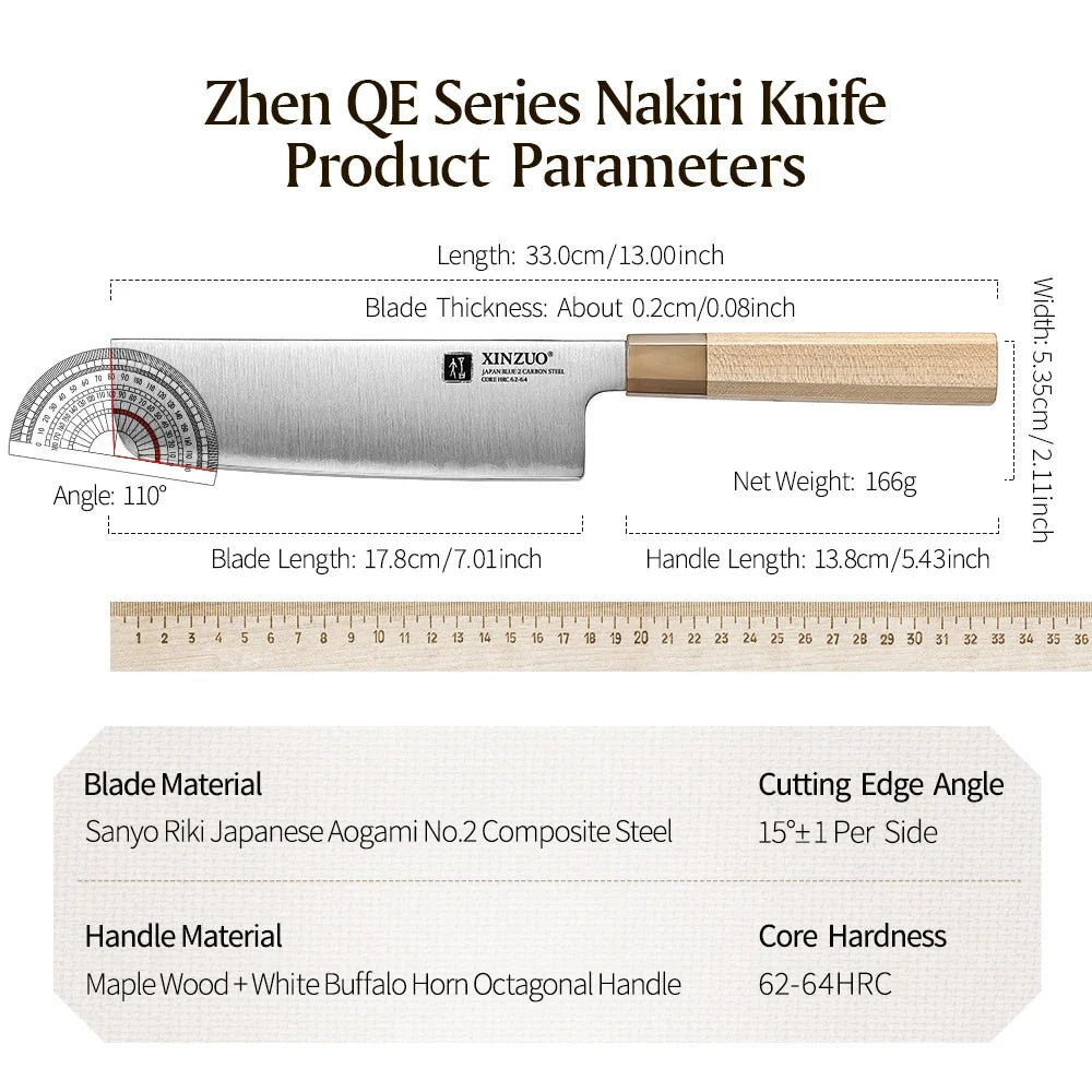 XINZUO 7" Nakiri Knife Aogami No.2 Carbon Steel | Octagonal Handle