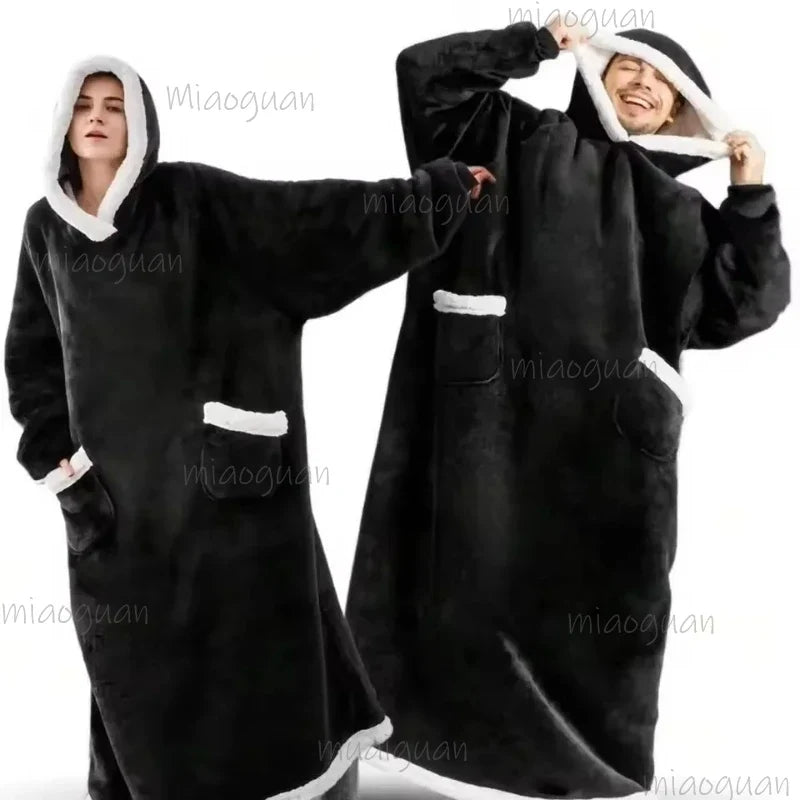 Oversized Flannel Blanket Hoodie – Fleece Pullover Robe