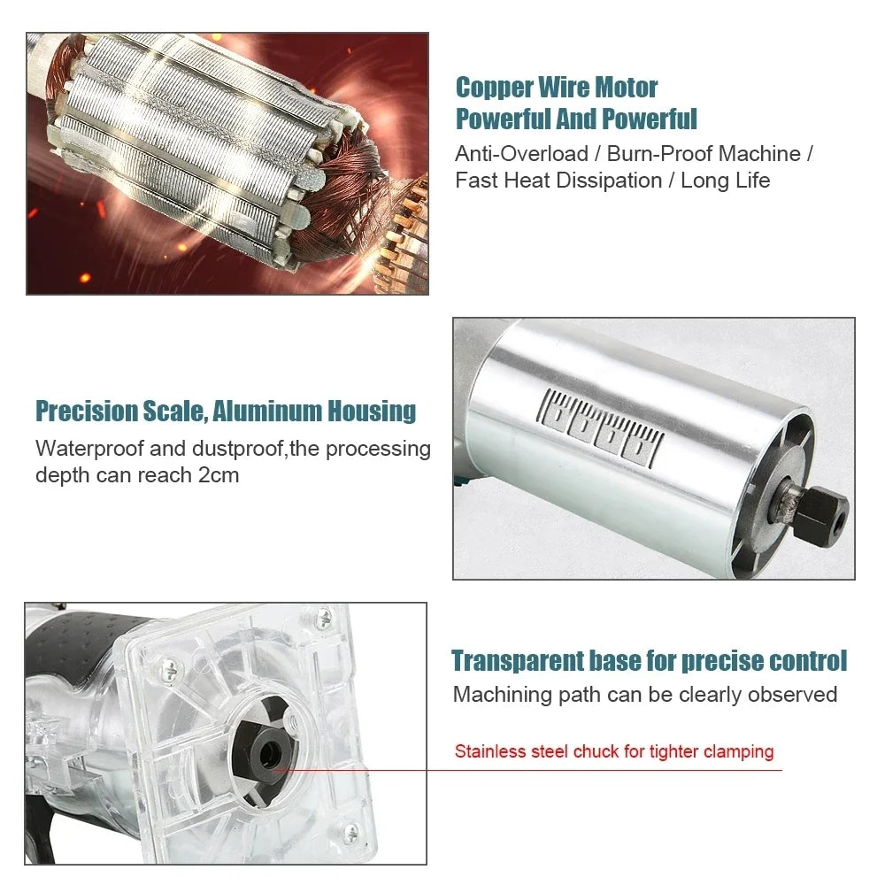 800W Electric Wood Router Trimmer | 1/4" Collet 30000 RPM